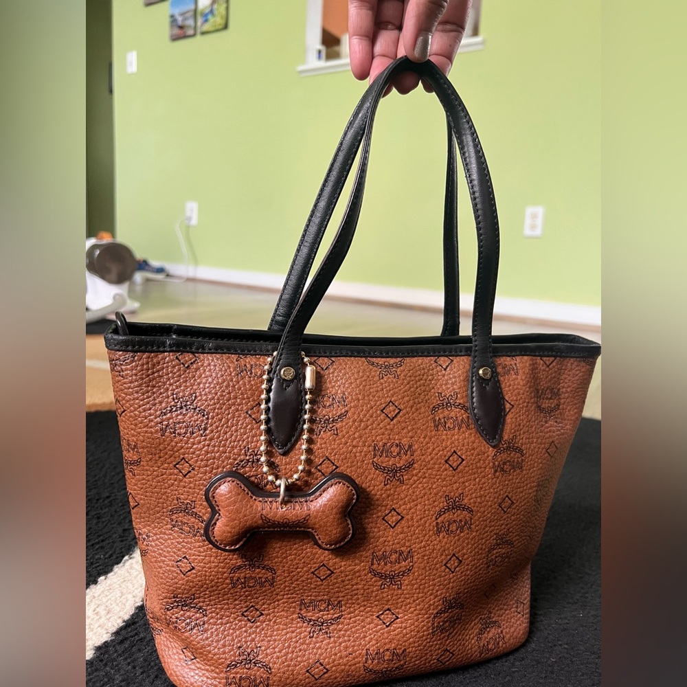 MCM Brown and Black Tote Bag with Bone Charm - Picture 2 of 13